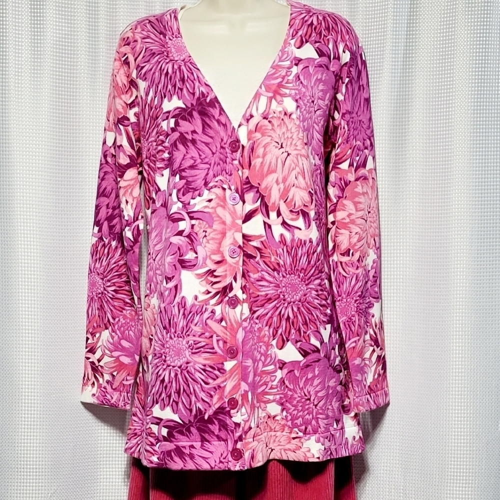 VTG Isaac Mizrahi Live Pink Floral Cotton Cardigan Women's (L)